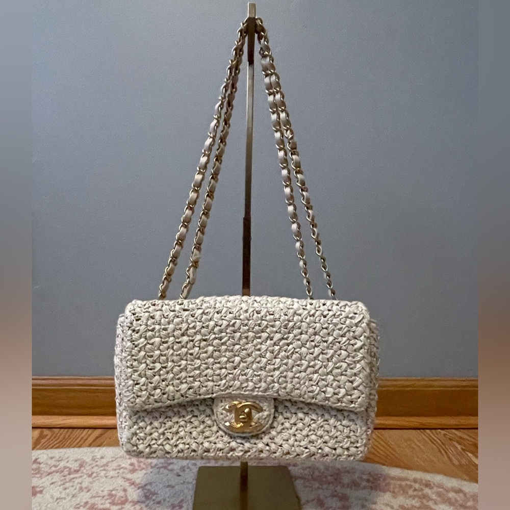 Raffia Crochet Medium Flap Bag Beige 18C